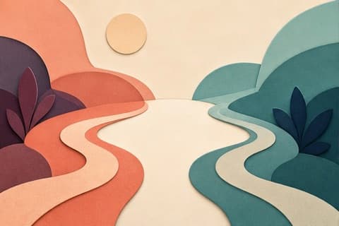 Separate abstract paths meet in a calm shared space while preserving boundaries, choice, and independent exits.