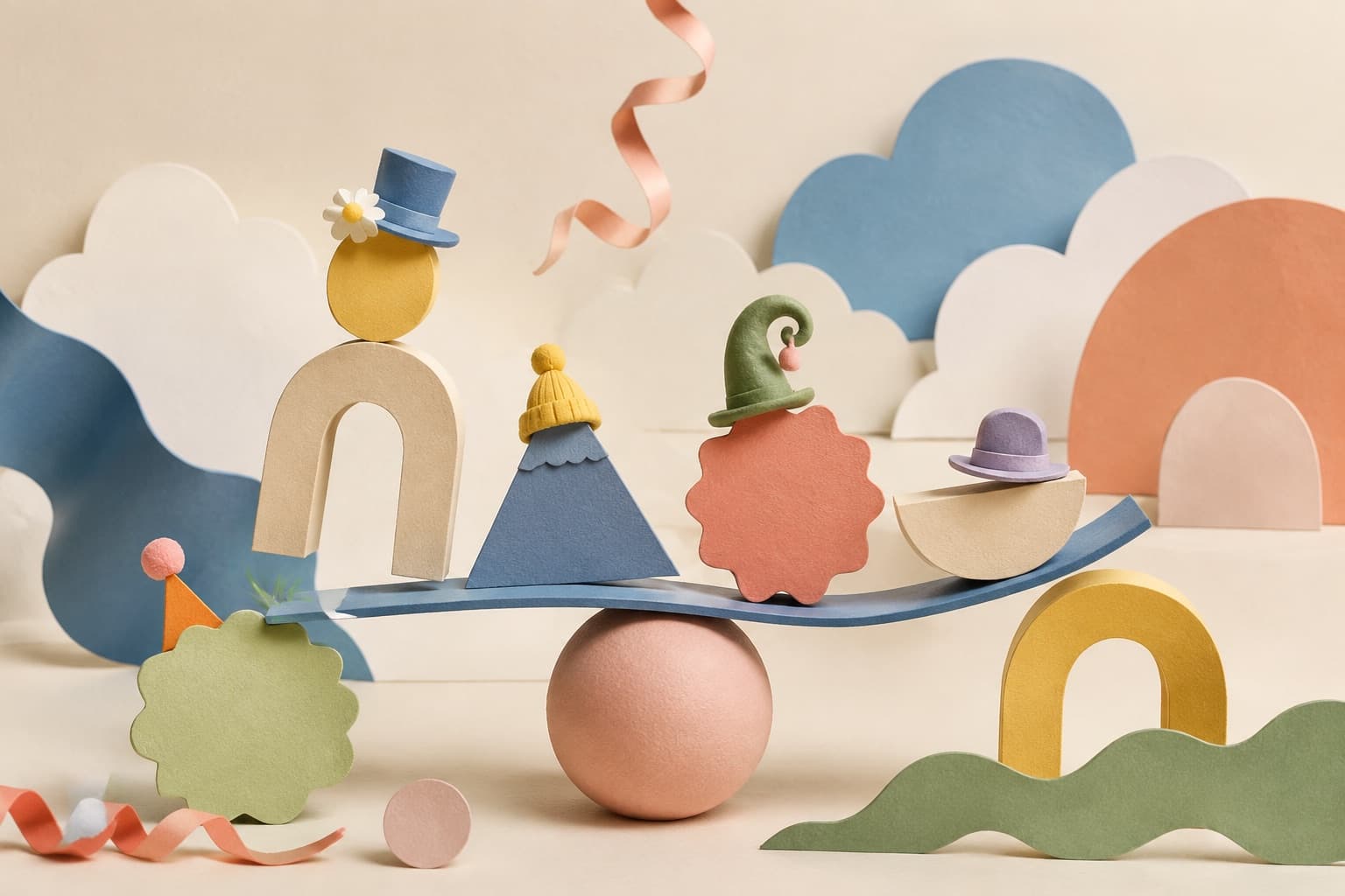 Be silly represented by a bounded tactile editorial still life without people, text, brands, fake UI, or promised outcomes.