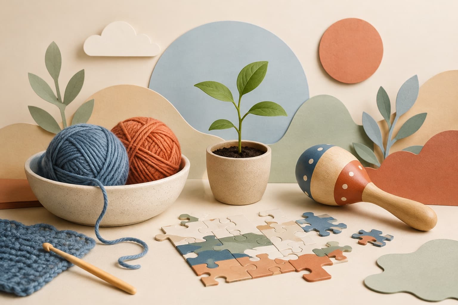 Choose hobbies and passions represented by a bounded tactile editorial still life without people, text, brands, fake UI, or promised outcomes.