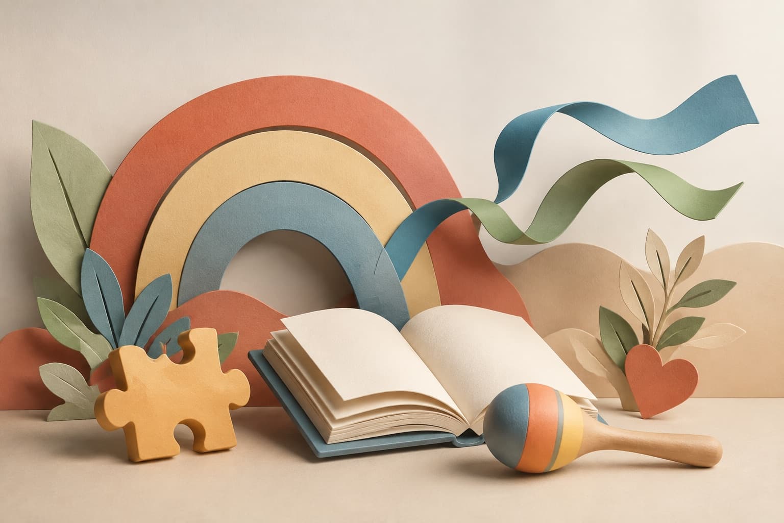 Book, puzzle and playful ribbons representing voluntary leisure, curiosity and connection.