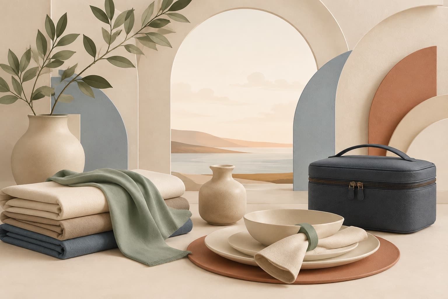 Layered fabric, tableware, travel case and horizon representing personal style, considerate living and prepared travel.