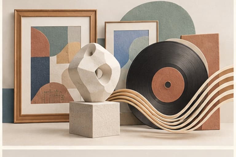 Appreciate art and music represented by a bounded tactile editorial still life without people, text, brands, fake UI, or promised outcomes.