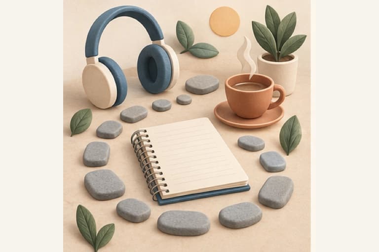 Build daily language practice represented by a bounded tactile editorial still life without people, text, brands, fake UI, or promised outcomes.