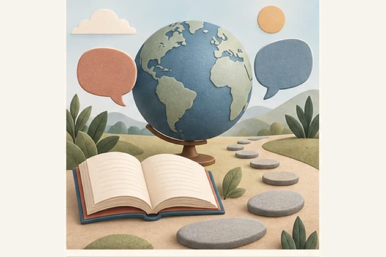Learn a Foreign Language represented by a calm tactile editorial still life without people, brands, status promises, or guaranteed outcomes.