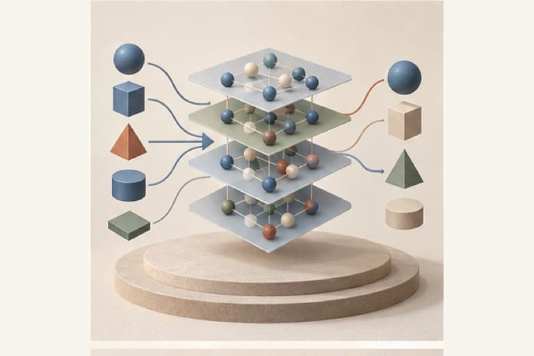 Learn AI fundamentals represented by a bounded tactile editorial still life without people, text, brands, fake UI, or promised outcomes.