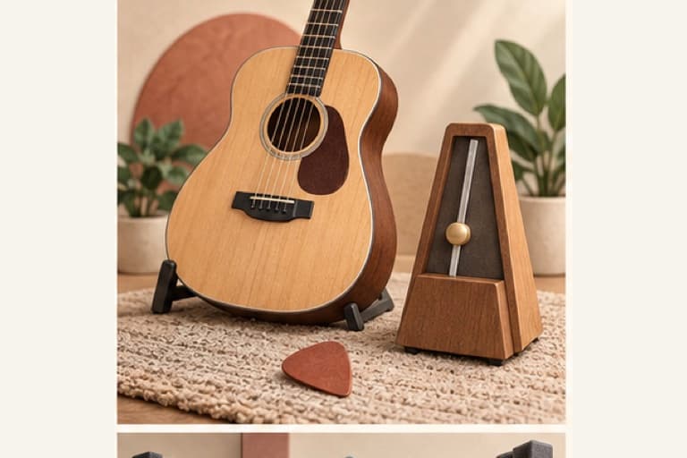 Learn guitar basics represented by a bounded tactile editorial still life without people, text, brands, fake UI, or promised outcomes.