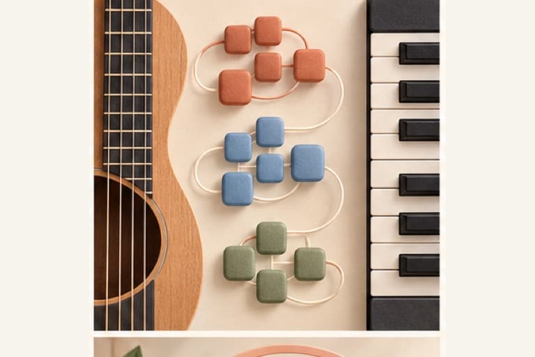 Learn musical chords represented by a bounded tactile editorial still life without people, text, brands, fake UI, or promised outcomes.