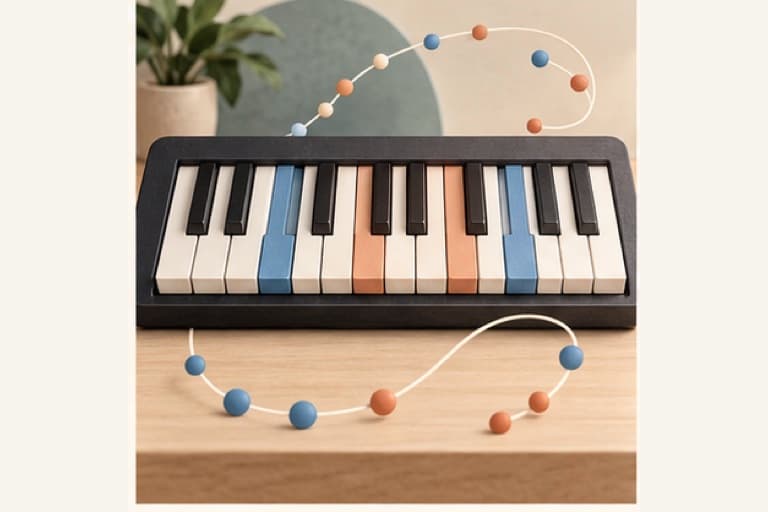 Learn piano basics represented by a bounded tactile editorial still life without people, text, brands, fake UI, or promised outcomes.