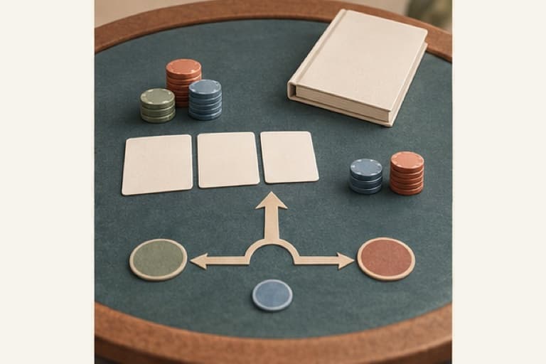 Learn poker fundamentals represented by a bounded tactile editorial still life without people, text, brands, fake UI, or promised outcomes.