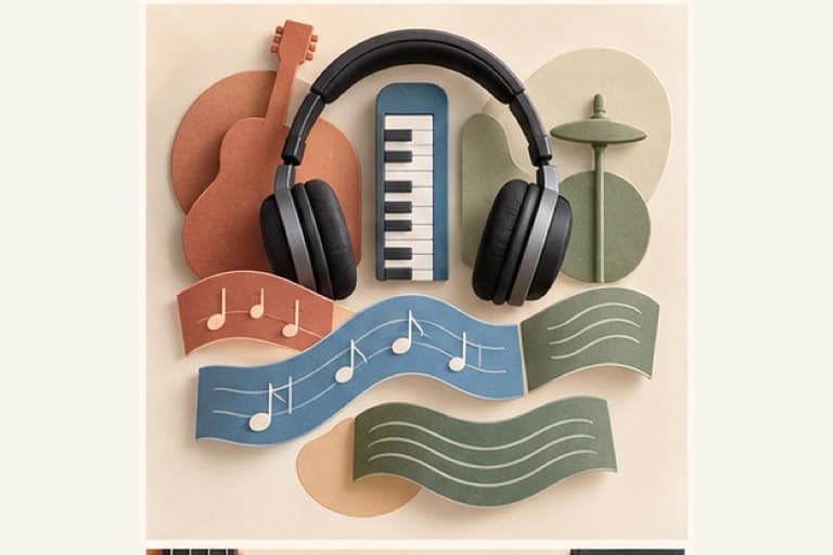 Listen to music more critically represented by a bounded tactile editorial still life without people, text, brands, fake UI, or promised outcomes.