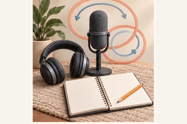 Practice singing and songwriting represented by a bounded tactile editorial still life without people, text, brands, fake UI, or promised outcomes.