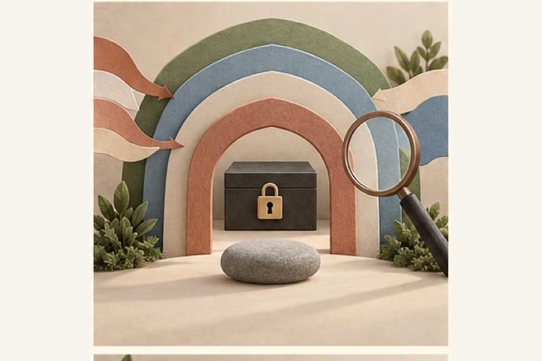 Protect yourself from manipulation represented by a bounded tactile editorial still life without people, text, brands, fake UI, or promised outcomes.