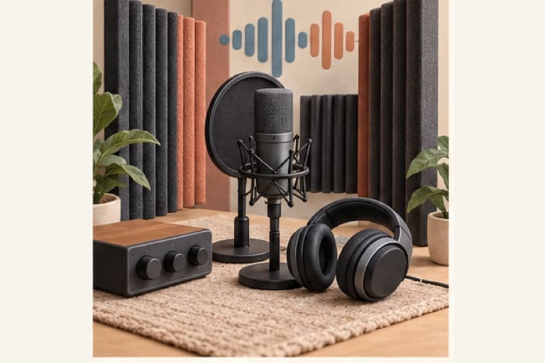 Record your own music represented by a bounded tactile editorial still life without people, text, brands, fake UI, or promised outcomes.