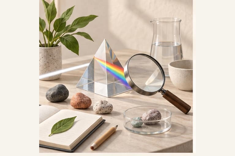 Think like a scientist represented by a bounded tactile editorial still life without people, text, brands, fake UI, or promised outcomes.