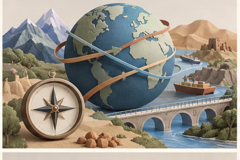 Understand geopolitics represented by a bounded tactile editorial still life without people, text, brands, fake UI, or promised outcomes.