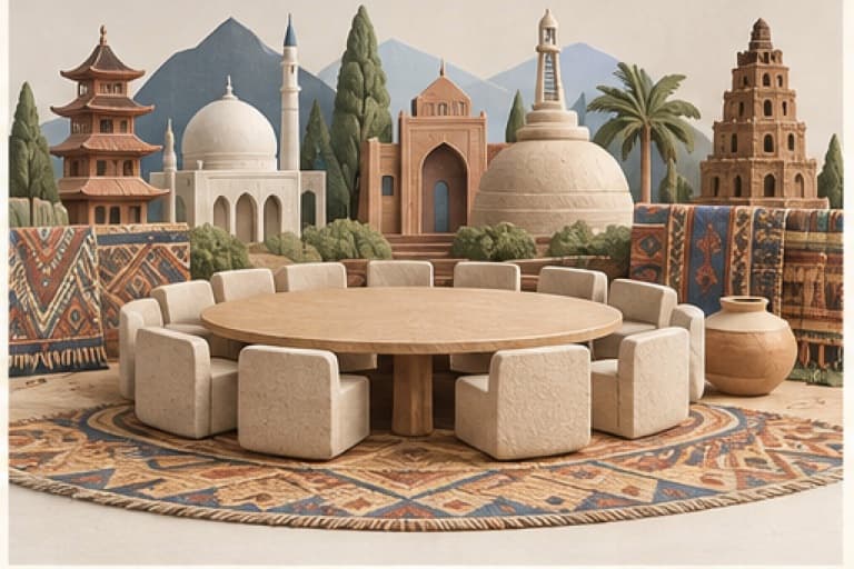 Understand world cultures and religions represented by a bounded tactile editorial still life without people, text, brands, fake UI, or promised outcomes.