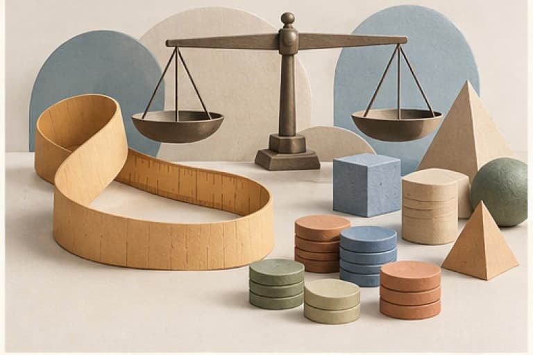 Use everyday math represented by a bounded tactile editorial still life without people, text, brands, fake UI, or promised outcomes.