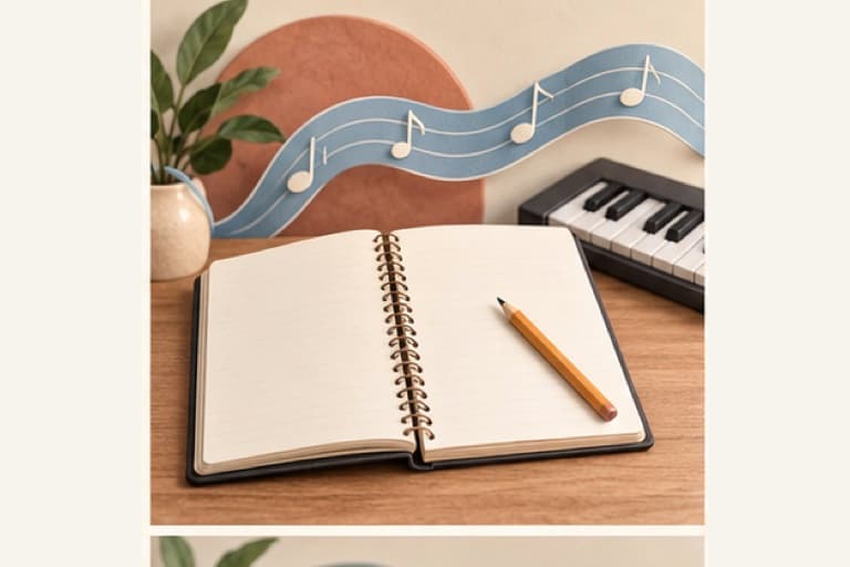 Write lyrics and melodies represented by a bounded tactile editorial still life without people, text, brands, fake UI, or promised outcomes.