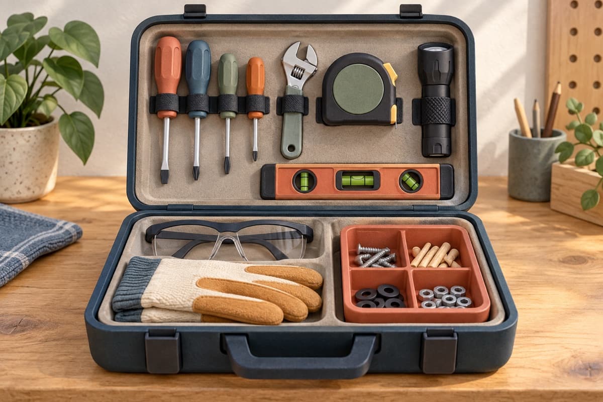 Build a basic tool kit represented by a bounded tactile editorial still life without people, text, brands, fake UI, or promised outcomes.