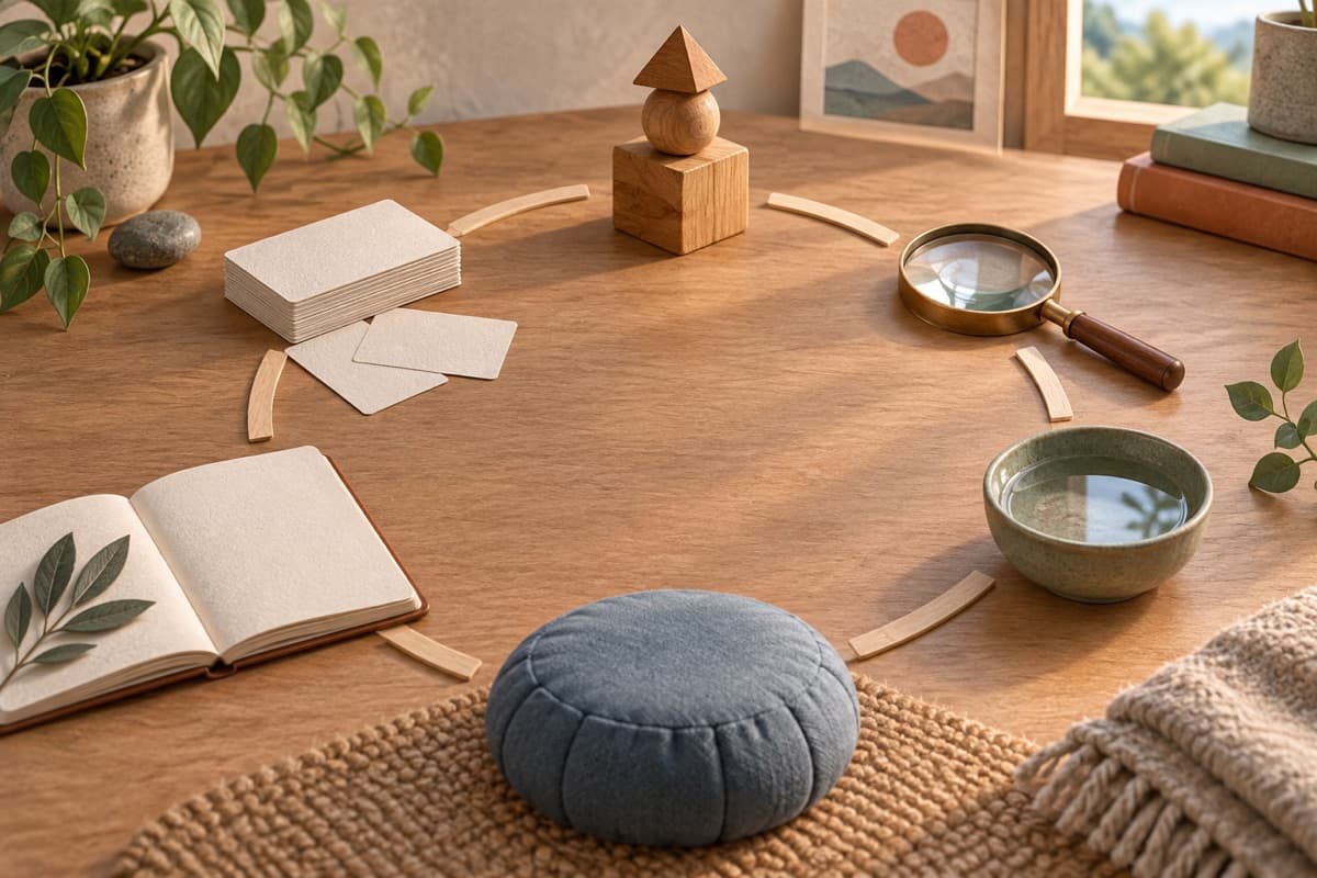 Build a lifelong learning practice represented by a bounded tactile editorial still life without people, text, brands, fake UI, or promised outcomes.