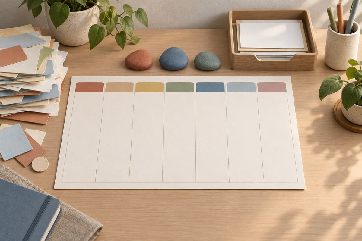 Build a weekly planning rhythm represented by a bounded tactile editorial still life without people, text, brands, fake UI, or promised outcomes.