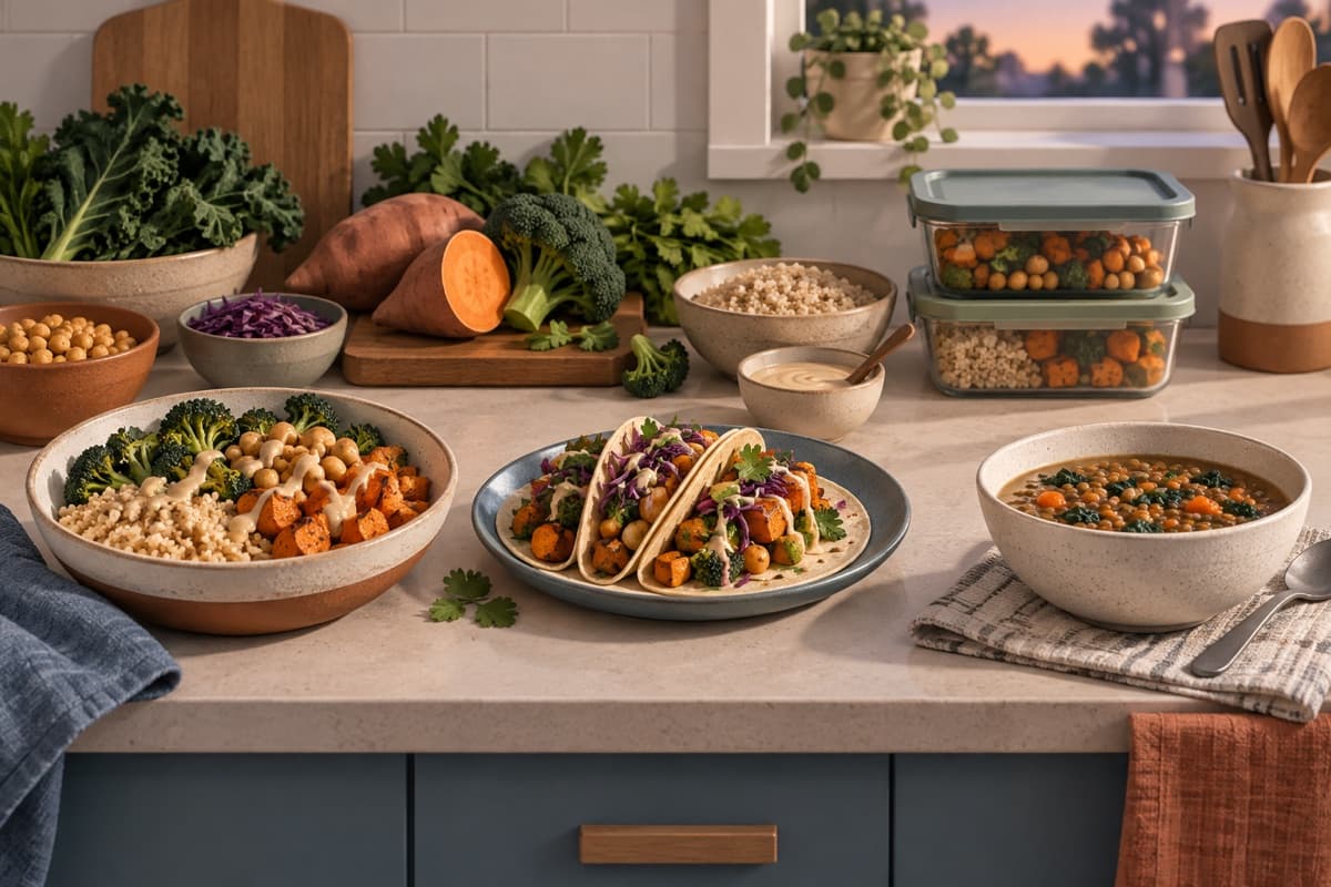 Build a weeknight cooking rhythm represented by a bounded tactile editorial still life without people, text, brands, fake UI, or promised outcomes.
