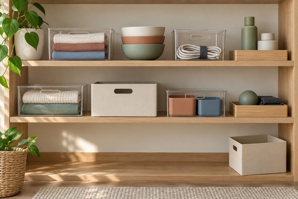 Declutter and organize represented by a bounded tactile editorial still life without people, text, brands, fake UI, or promised outcomes.