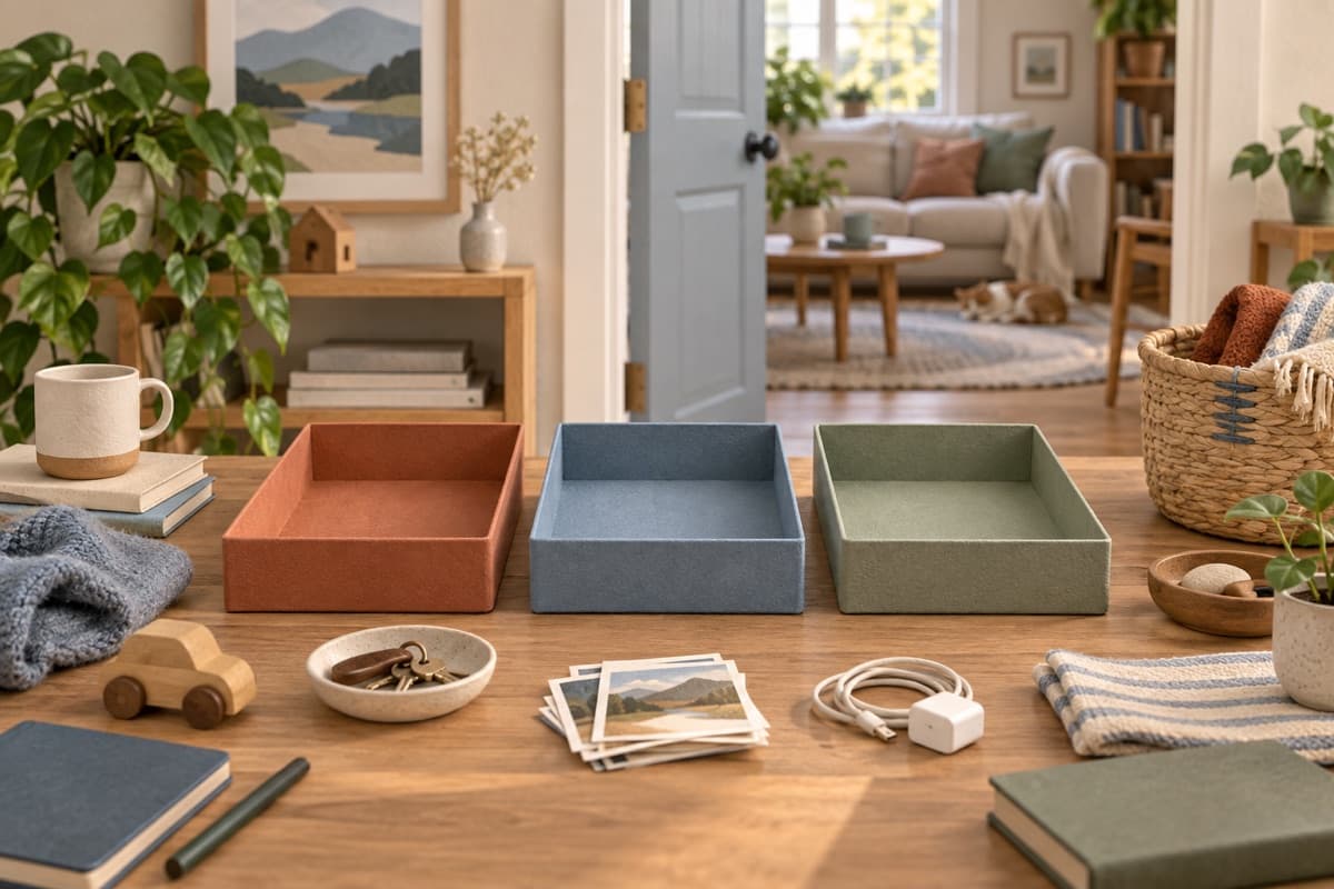 Declutter your home and life represented by a bounded tactile editorial still life without people, text, brands, fake UI, or promised outcomes.