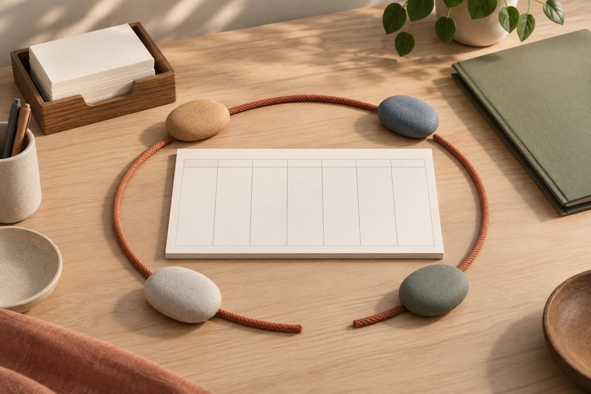 Get Organized and Get Things Done represented by a calm tactile editorial still life without people, brands, text, or guaranteed outcomes.