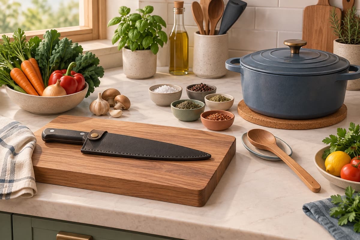 Learn cooking fundamentals represented by a bounded tactile editorial still life without people, text, brands, fake UI, or promised outcomes.