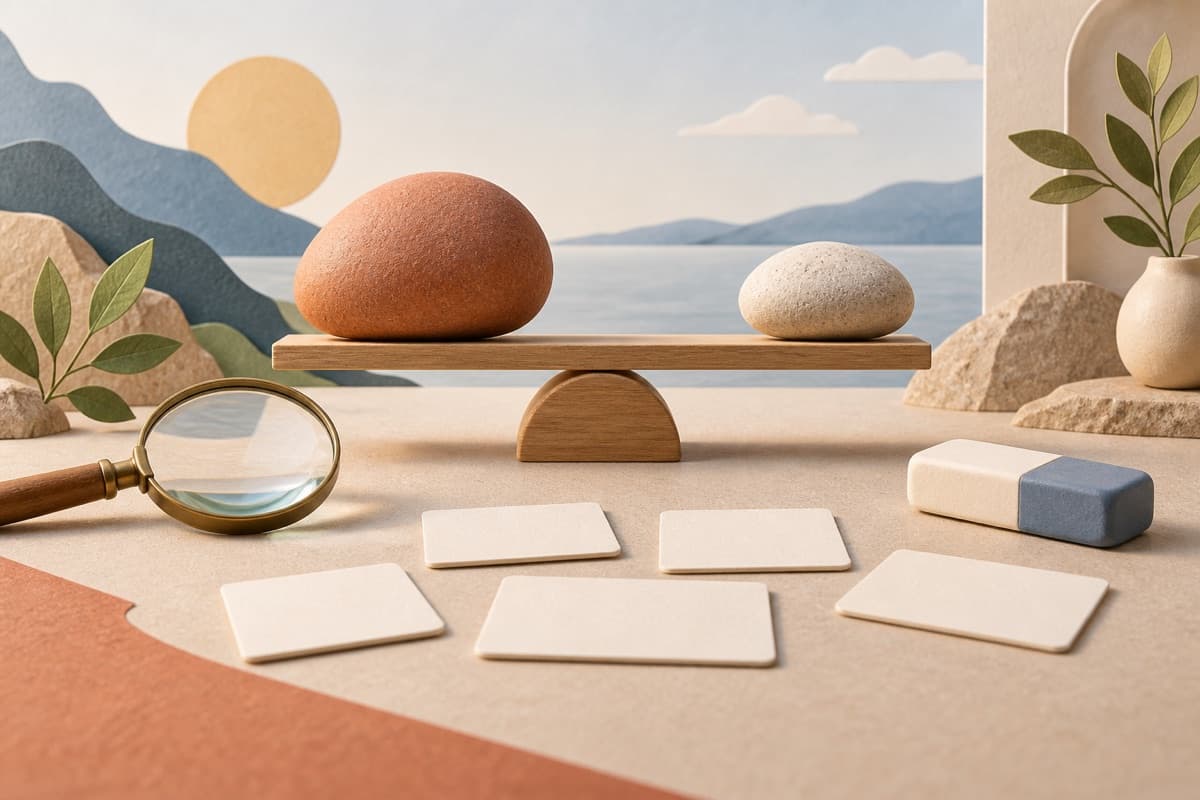 Practice humility represented by a bounded tactile editorial still life without people, text, brands, fake UI, or promised outcomes.