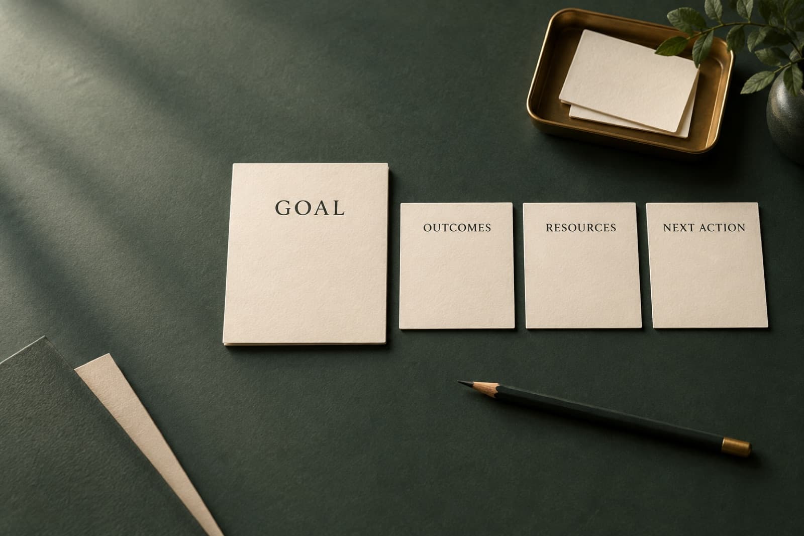 Organized planning cards showing a goal broken into outcomes, resources, and one next action.