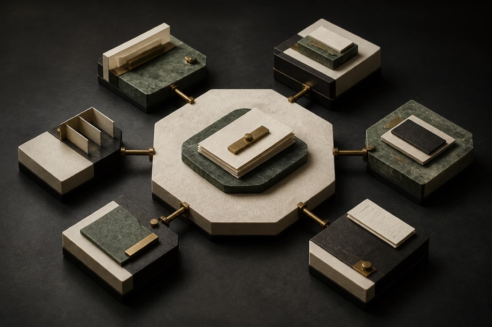 Six modular stations connect to a central paper-and-stone review surface.