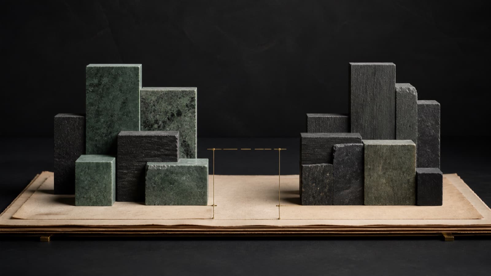 Two groups of green and charcoal blocks sit on a shared paper baseline with measured space between them.