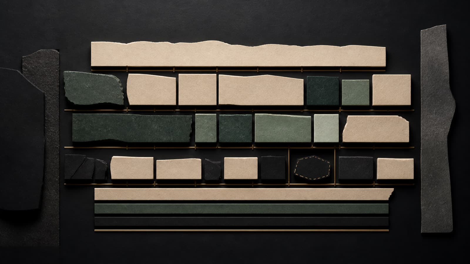 Uneven paper and stone blocks fit into flexible horizontal planning rails.