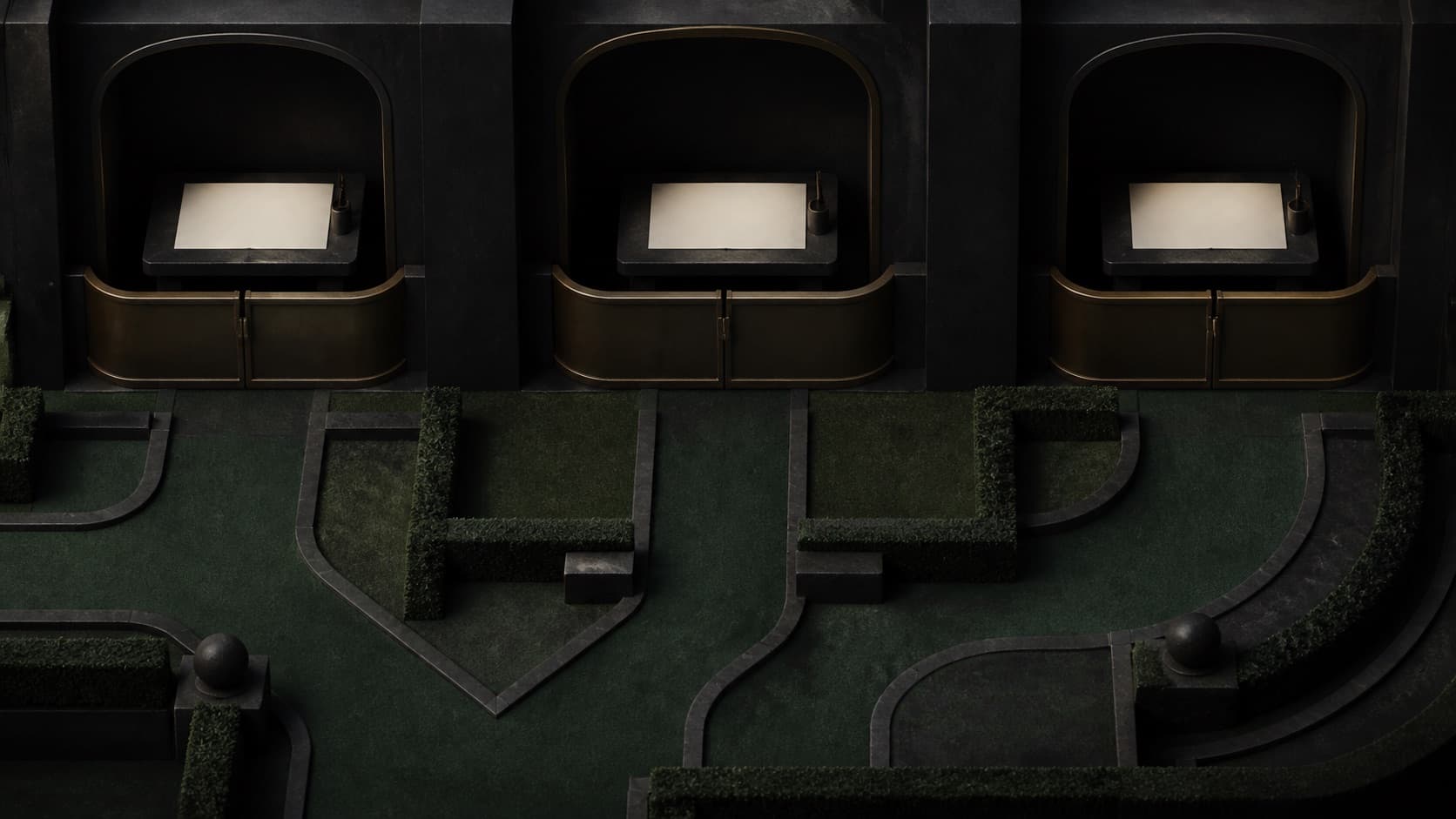Several prepared but unoccupied meeting spaces sit behind closed thresholds.