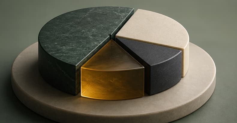 A small set of varied forms balances across a stable base.