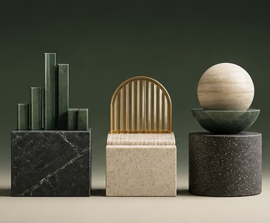 Three distinct material forms combine into one coherent arrangement.