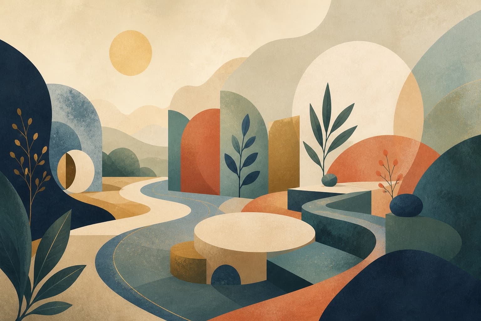 Layered paths, plants, and balanced abstract forms suggest reflection, growth, and practical self-direction.
