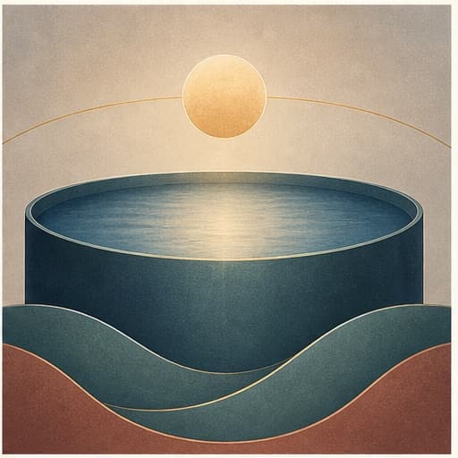 A calm reservoir rests within supportive abstract layers.