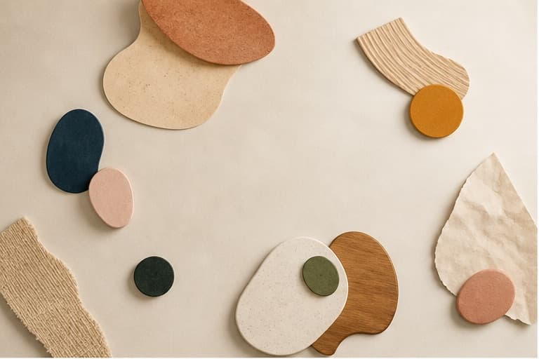 Varied material forms are observed across an open neutral field.