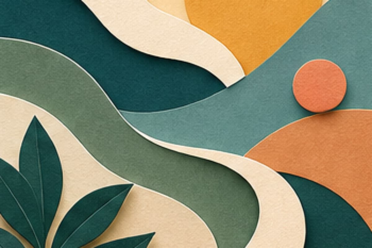 A gently rising path moves through balanced abstract terrain.