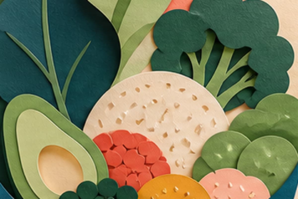 A varied abstract meal combines plants, grains, and other satisfying forms.