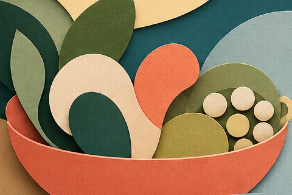 Varied abstract food forms rest together without scales, numbers, or body imagery.