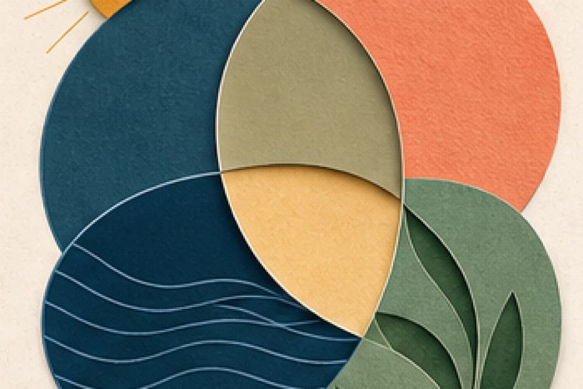 Layered circles, waves, sunlight, and leaves suggest interconnected health foundations without promising an outcome.
