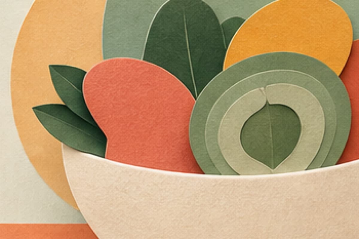 Simple colorful food forms gather in a balanced abstract bowl.