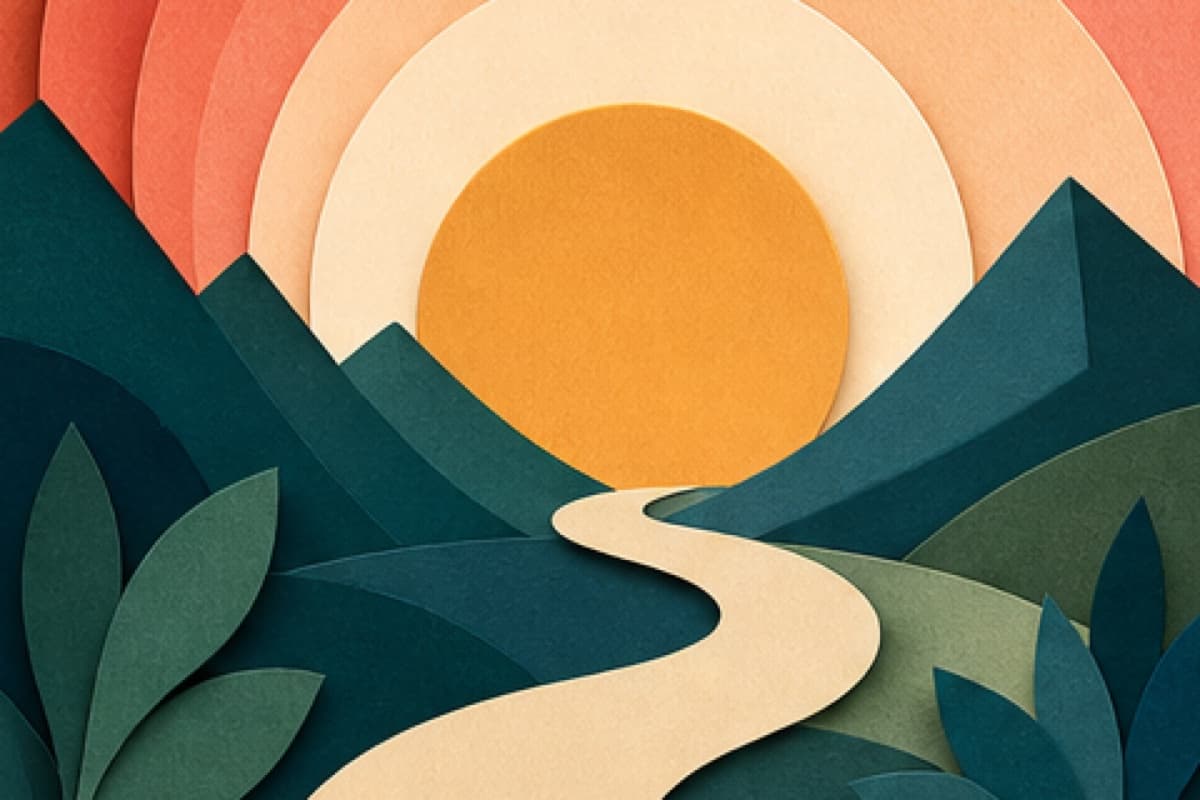 A steady path rises through layered terrain toward warm light.