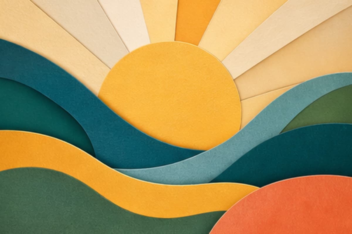 A sunrise moves across balanced waves without promising constant energy.