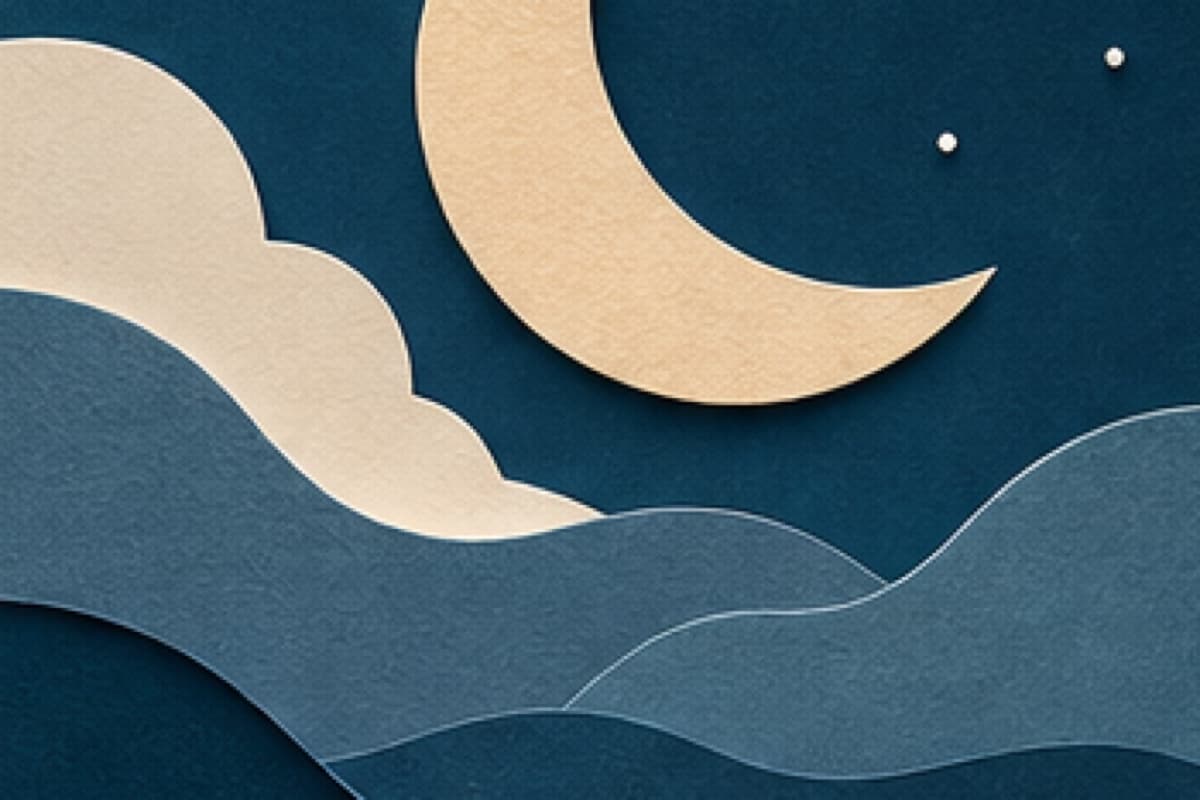 A calm crescent rests above quiet blue layered waves.