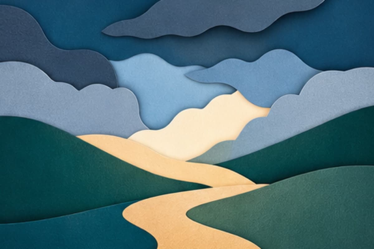 A path continues through heavy clouds toward a modest opening of light.
